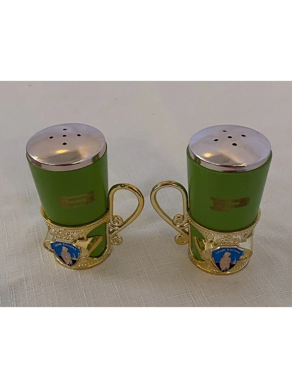 Vintage Grand Bahama Salt & Pepper Shakers Green Wood & Gold plastic Cup Holders
